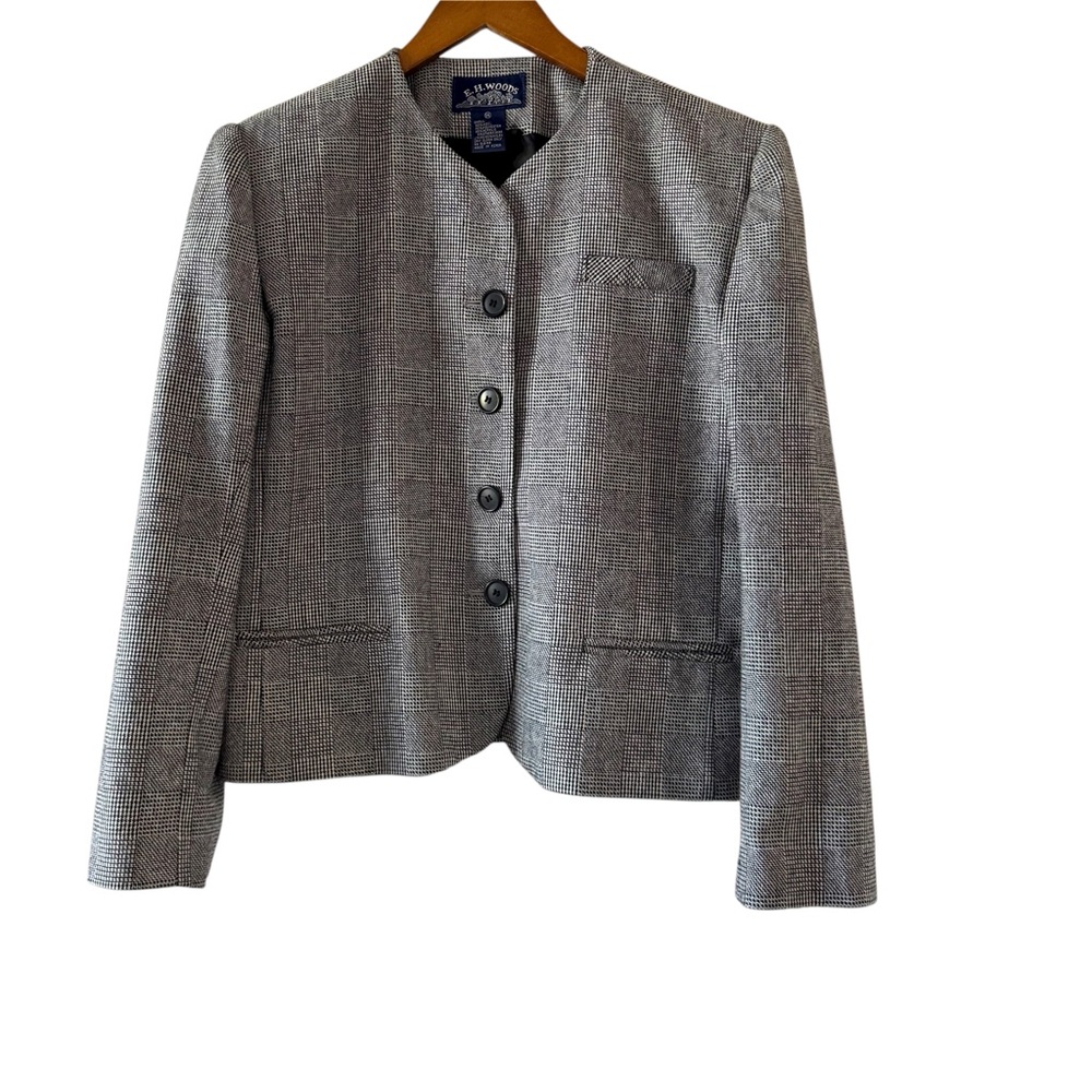 E.H. Woods Wool Blend Button-Front Blazer Black and White Plaid Size 14